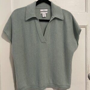 Halston Size L Cashmere Mint Green V-neck Collared Short-Sleeve Sweater